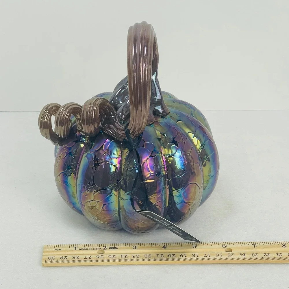 Tahari Home Iridescent Glass Pumpkin Oil Slick Rainbow Bubble Decor 7.5 Inch NEW